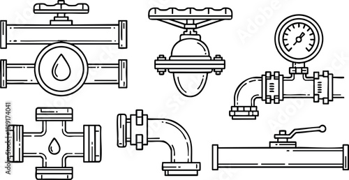 Set of black and white plumbing pipes valves and gauge vector illustration