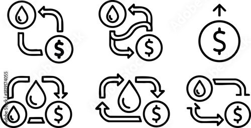 Water dollar flow circular arrows line icons set vector illustration finance business concept