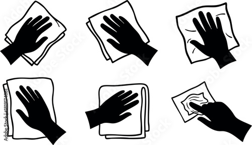 Hand wiping cloth cleaning different motions vector illustration simple black and white design