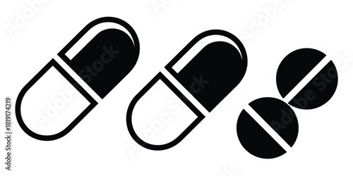 Capsule and pill pictogram vector set,