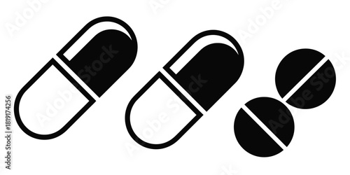 Capsule and medical pill vector icons in clean style,