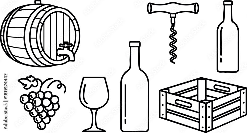Naklejka premium Wine barrel corkscrew wine bottle glass grapes wooden crate vector illustration