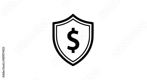 Monochrome vector illustration of a shield with a dollar sign inside, money protection concept, clean line art