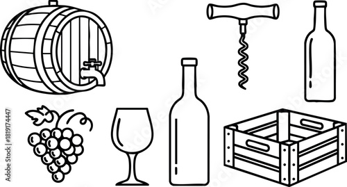 Wine barrel corkscrew wine bottle glass grapes wooden crate vector illustration