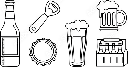 Beer bottle opener bottle cap mug glass six pack vector illustration set collection