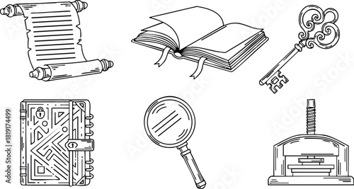 Vintage old book scroll key magnifying glass and printing press vector illustration set with journal diary elements