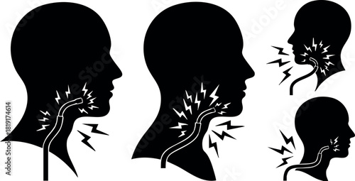Silhouette icons of throat pain and neck discomfort vector illustration with lightning bolts for health concept