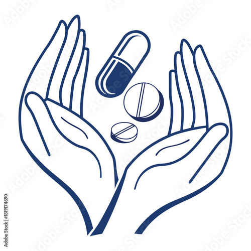 Contour drawing of a hand holding medical capsules, medical treatment icon in a simple outline.