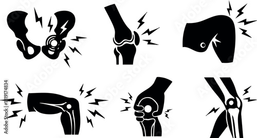Joint pain icons set with hip knee elbow and leg pain symbols vector illustration