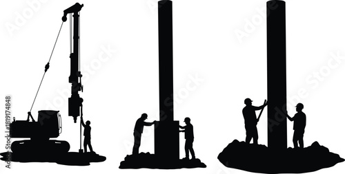 Silhouette construction workers installing concrete pillars with heavy machinery, teamwork at construction site ensuring structural support and foundation stability for building project