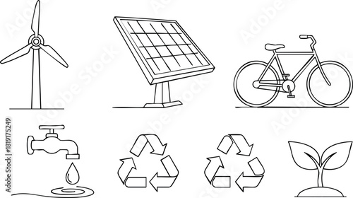 Renewable energy wind turbine solar panel bicycle faucet water drop recycling plant vector illustration