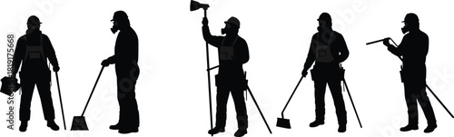 Silhouette construction workers wearing safety gear using tools and cleaning equipment at industrial site during maintenance work to ensure workplace safety standards