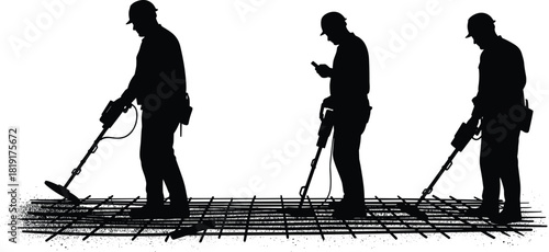 Silhouette construction workers using metal detectors on reinforced concrete floor, industrial site inspection and safety testing for hidden materials and structural integrity