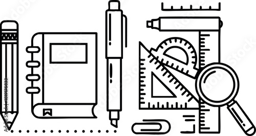 School supplies pencil pen notebook ruler magnifier paperclip vector illustration