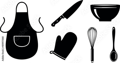 Kitchen cooking utensils apron knife bowl mitt whisk spoon black silhouette set vector illustration