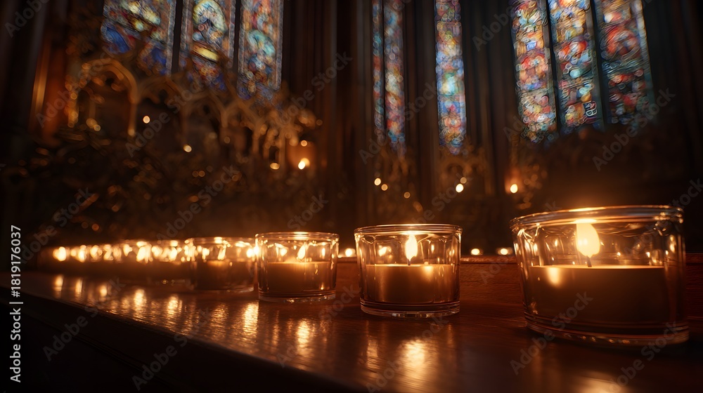 Obraz premium Candles glowing in a dark church with stained glass windows in the background, creating a peaceful and spiritual atmosphere.