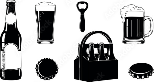 Beer bottle glass opener six pack carrier foamy mug cap vector illustration