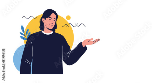 Young person with long hair and a dark sweater stands with an open hand offering something, depicted with abstract shapes.