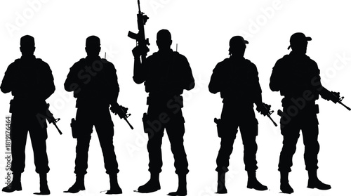 Silhouette group of armed soldiers standing in formation, military team illustration, tactical army unit concept for defense and security design