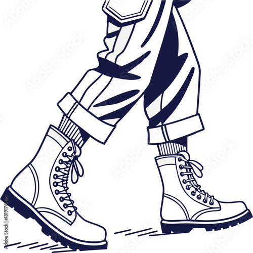 Close up of person walking wearing heavy duty lace up combat style boot and rolled up military trouser leg isolated on white background