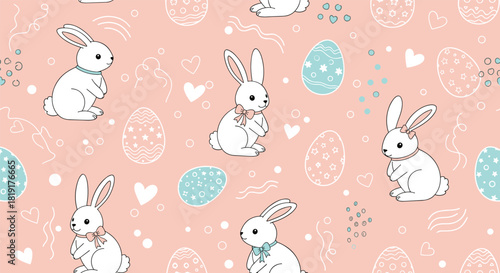 Cute seamless pattern of cartoon easter bunnies and eggs on a pink background.