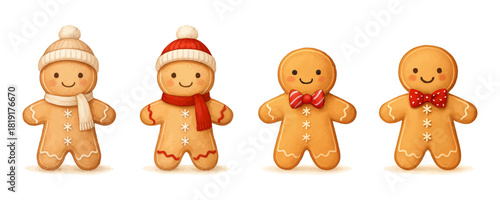 Cute gingerbread man in a winter hat, scarf and bow tie. Festive Christmas cookie character in a cozy cartoon style, perfect for holiday cards, stickers and seasonal illustrations. Vector illustrstion