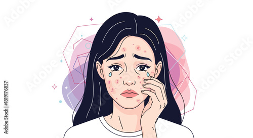 Sad young woman with acne crying and touching her face with her hand.