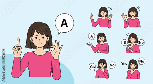 Young woman expressing different choices and emotions through gestures and speech bubbles.