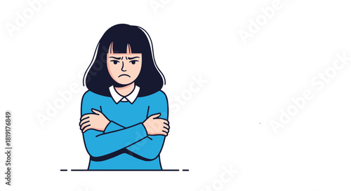 An illustration of a young woman with dark hair looking angry, arms crossed in a blue sweater.