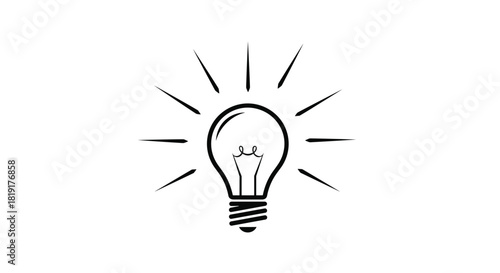 A simple black and white illustration of a light bulb with rays of light emanating from it.