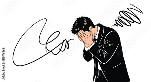 Man in a suit covering his face in distress with abstract lines symbolizing stress or thoughts.