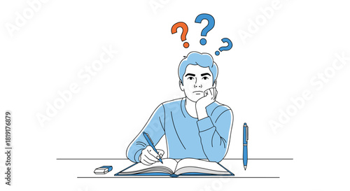 A student looking confused while studying with question marks above his head.