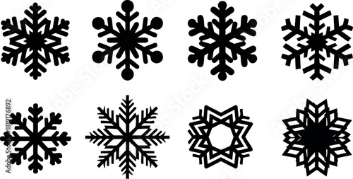 Black snowflake icons set winter design isolated vector illustration seasonal symbols collection