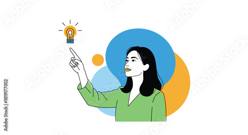 Illustration of a woman with black hair in a green shirt pointing at a glowing lightbulb overhead.
