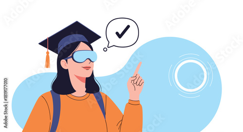 Student wearing virtual reality headset and graduation cap, pointing at checkmark in speech bubble.