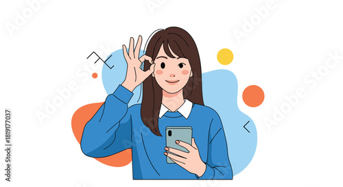 Young woman holding a smartphone and making an ok gesture with her hand.