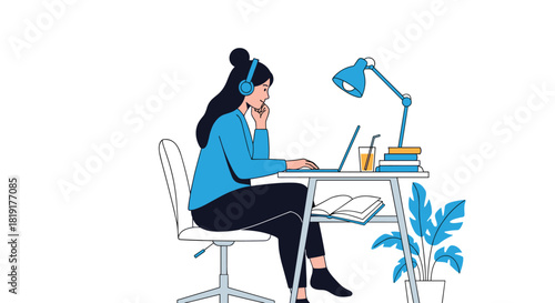 Young woman wearing headphones studies at a desk with a laptop, books, and a lamp.