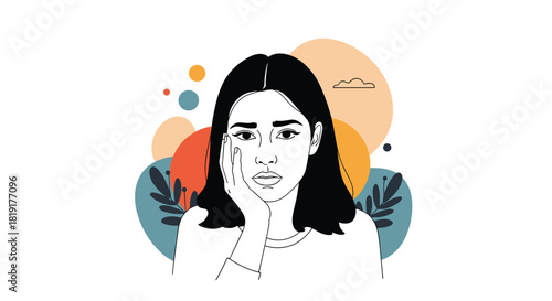Line drawing of a young woman looking worried with a hand on her cheek, surrounded by abstract shapes.