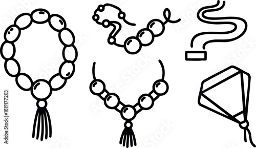 Hand drawn prayer beads tasbih sketch collection with smoking pipe and kite vector illustration