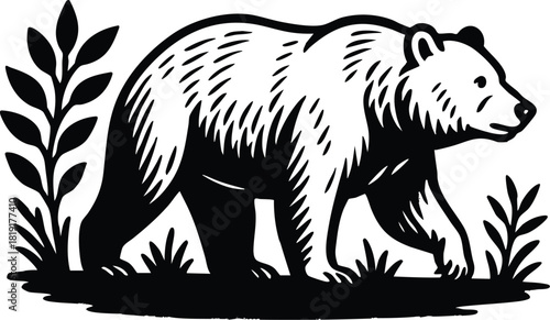 Linocut bear illustration in bold black and white style perfect for outdoor themed branding packaging and craft labels