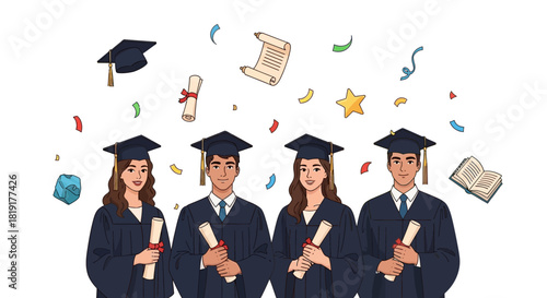 Celebrate academic success with diverse graduates holding diplomas amid confetti and books, symbolizing achievement and bright futures, perfect for education promo