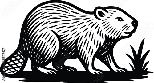 Black and white linocut beaver illustration for rustic branding eco packaging and woodland themed label designs