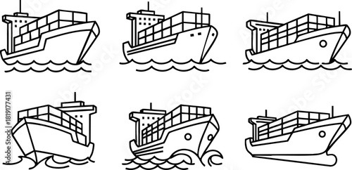 Cargo ship black outline vector icons set sea transport shipping industry illustration