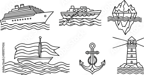 Nautical ship boat anchor lighthouse waves ocean sea vector illustration