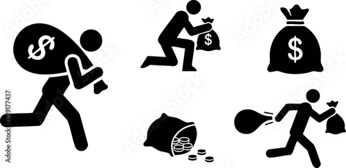 Money thief stealing cash bags running with dollar signs vector illustration