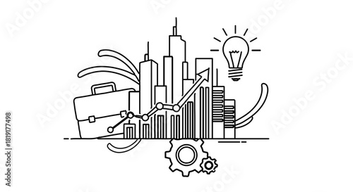 Business growth concept with cityscape, graph, lightbulb, briefcase, and gear isolated on