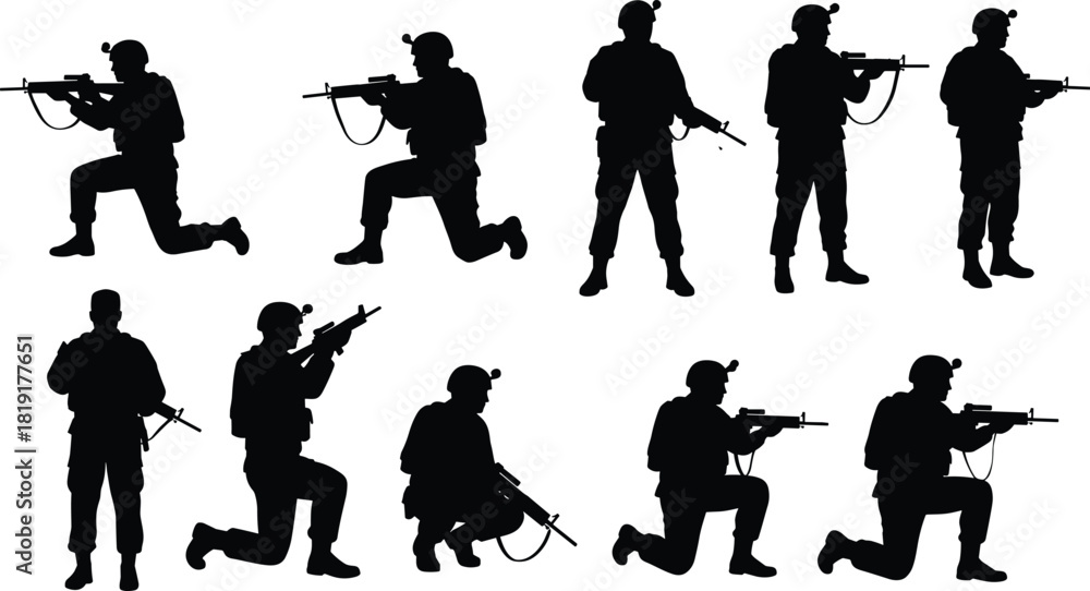 Obraz premium Silhouette of armed soldiers in combat positions, tactical military training with rifles, modern warfare action poses for defense and security concept illustration