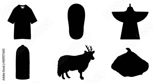 Silhouette of various objects on a, including a shirt, sleeping bag, and animal isolated on
