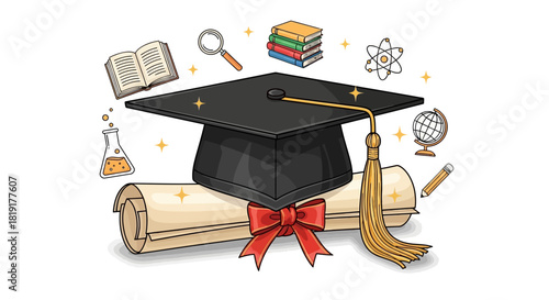 Celebrate academic achievement with this graduation cap and diploma illustration, perfect for back to school promotions and educational content creation