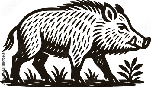 Bold linocut wild boar illustration in black and white ideal for rustic branding traditional packaging and artisanal label design